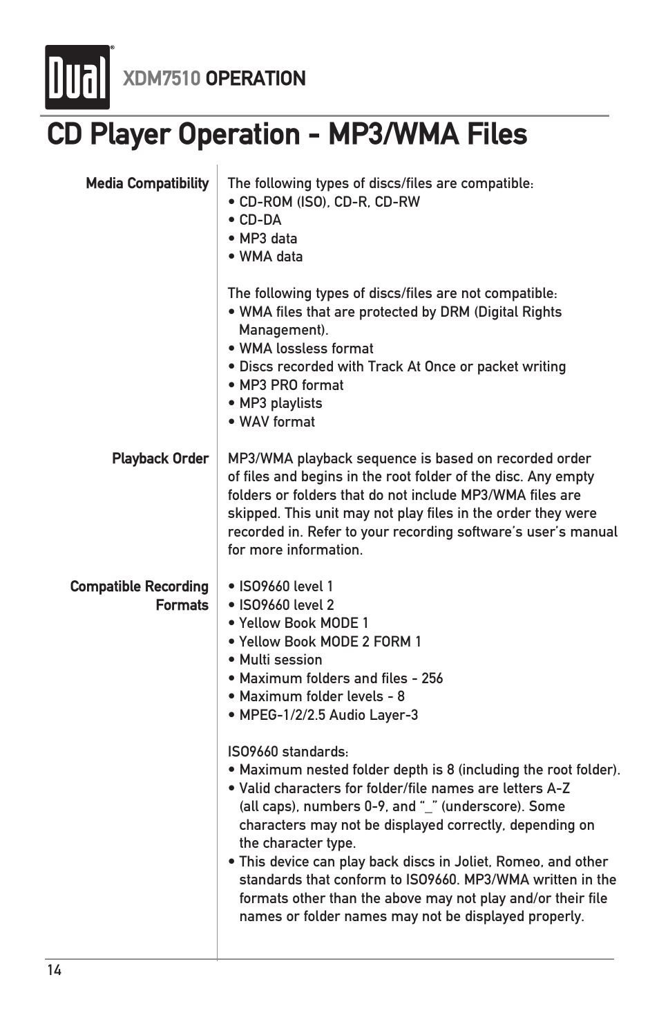 Cd player operation - mp3/wma files, Xdm7510 operation | Dual XDM7510 User Manual | Page 14 / 20