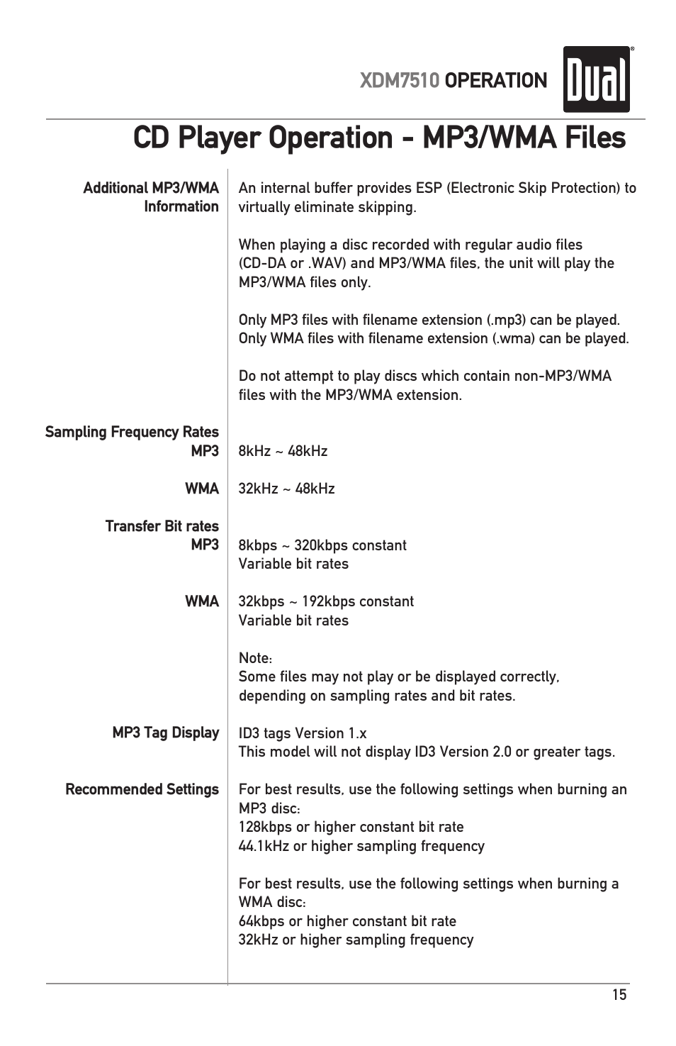 Cd player operation - mp3/wma files, Xdm7510 operation | Dual XDM7510 User Manual | Page 15 / 20