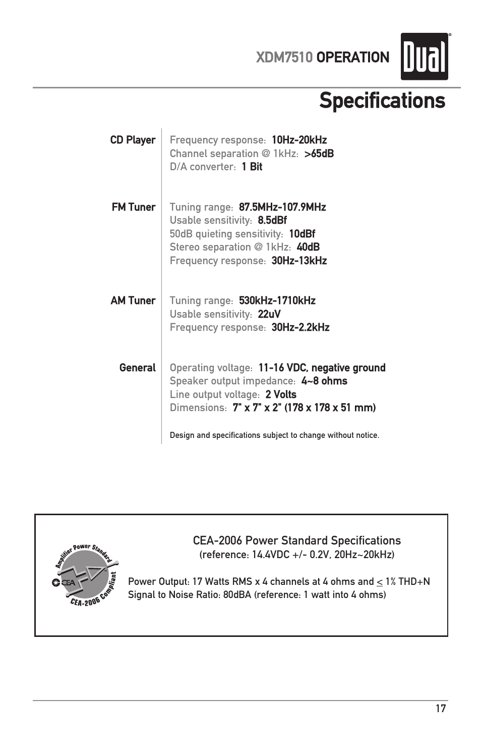 Specifications, Xdm7510 operation | Dual XDM7510 User Manual | Page 17 / 20