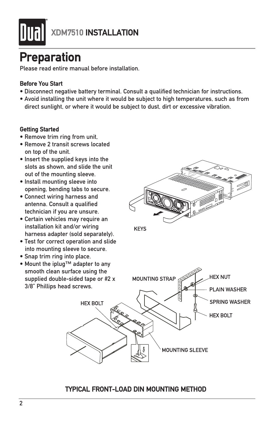 Preparation, Xdm7510 installation | Dual XDM7510 User Manual | Page 2 / 20