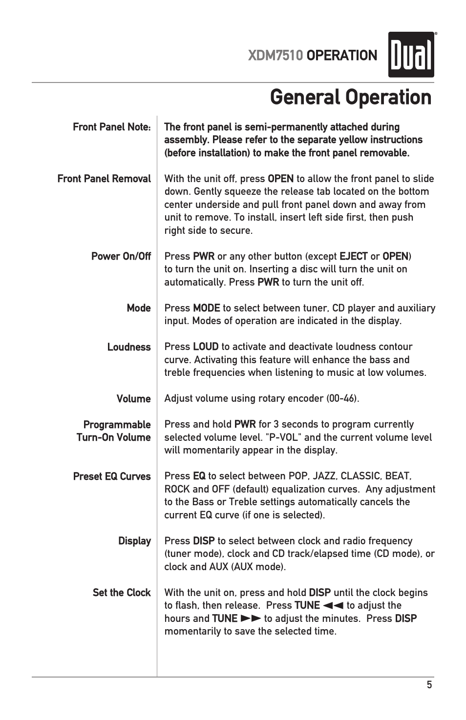 General operation, Xdm7510 operation | Dual XDM7510 User Manual | Page 5 / 20