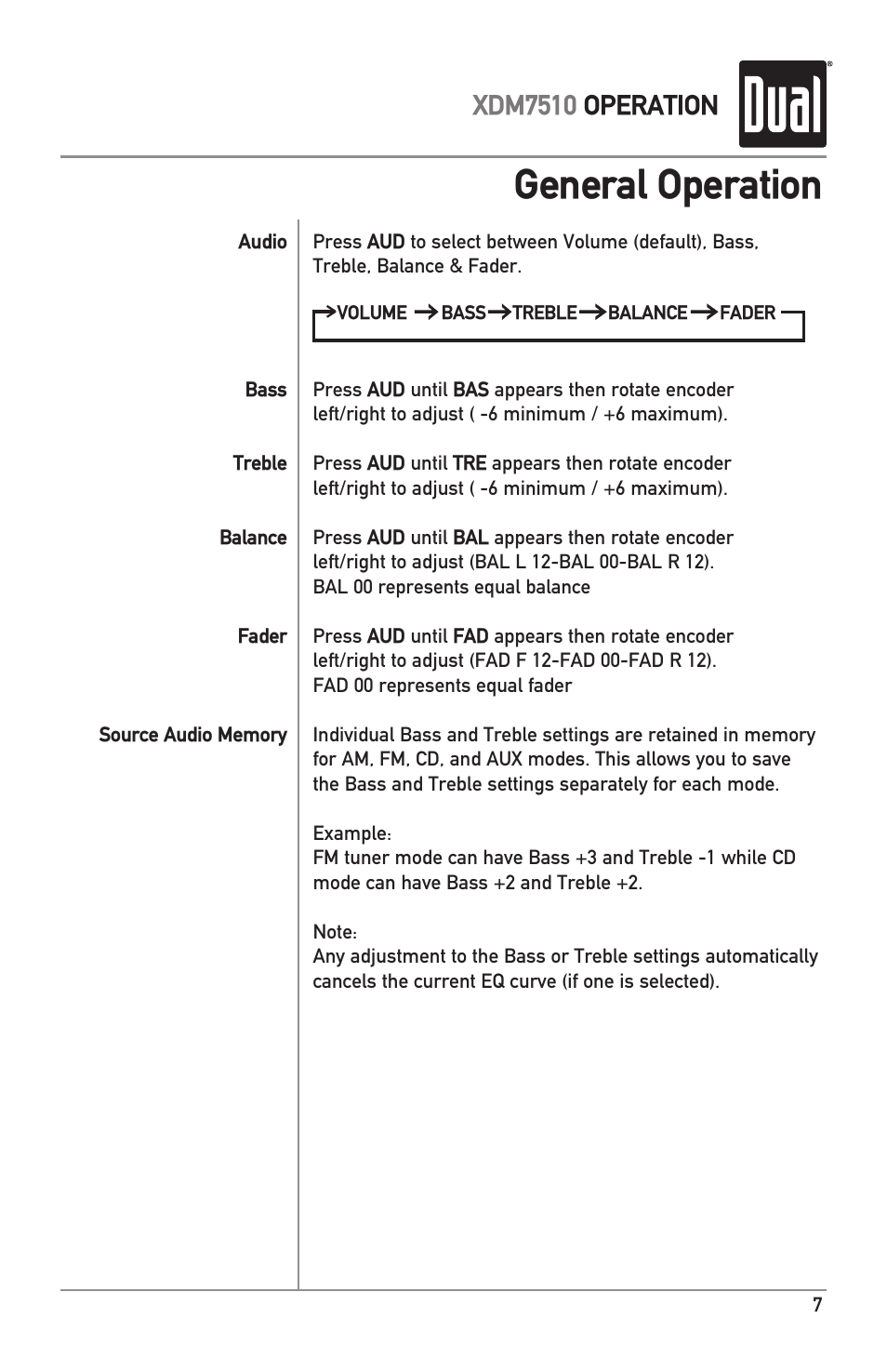 General operation, Xdm7510 operation | Dual XDM7510 User Manual | Page 7 / 20