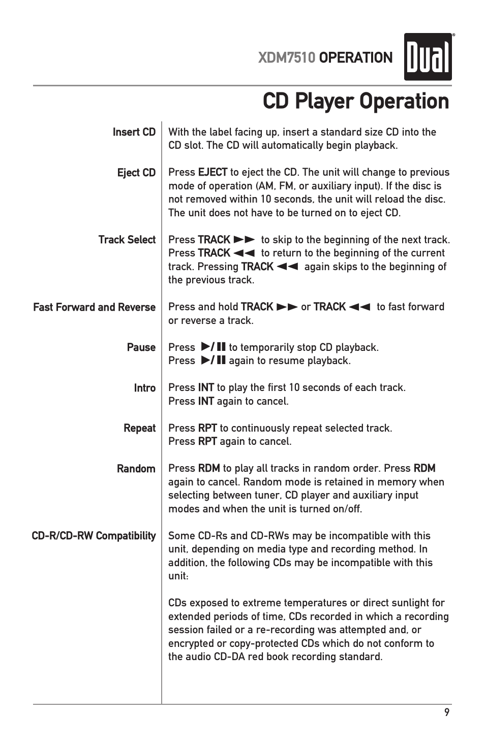 Cd player operation | Dual XDM7510 User Manual | Page 9 / 20