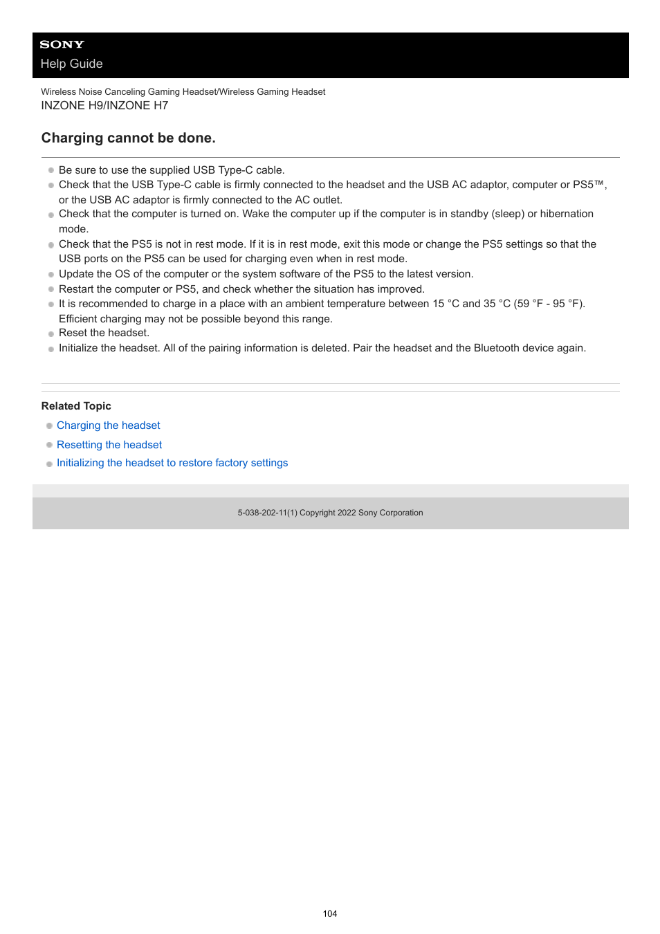 Charging cannot be done | Sony MDR-MV1 Open-Back Reference Monitor Headphones User Manual | Page 104 / 123