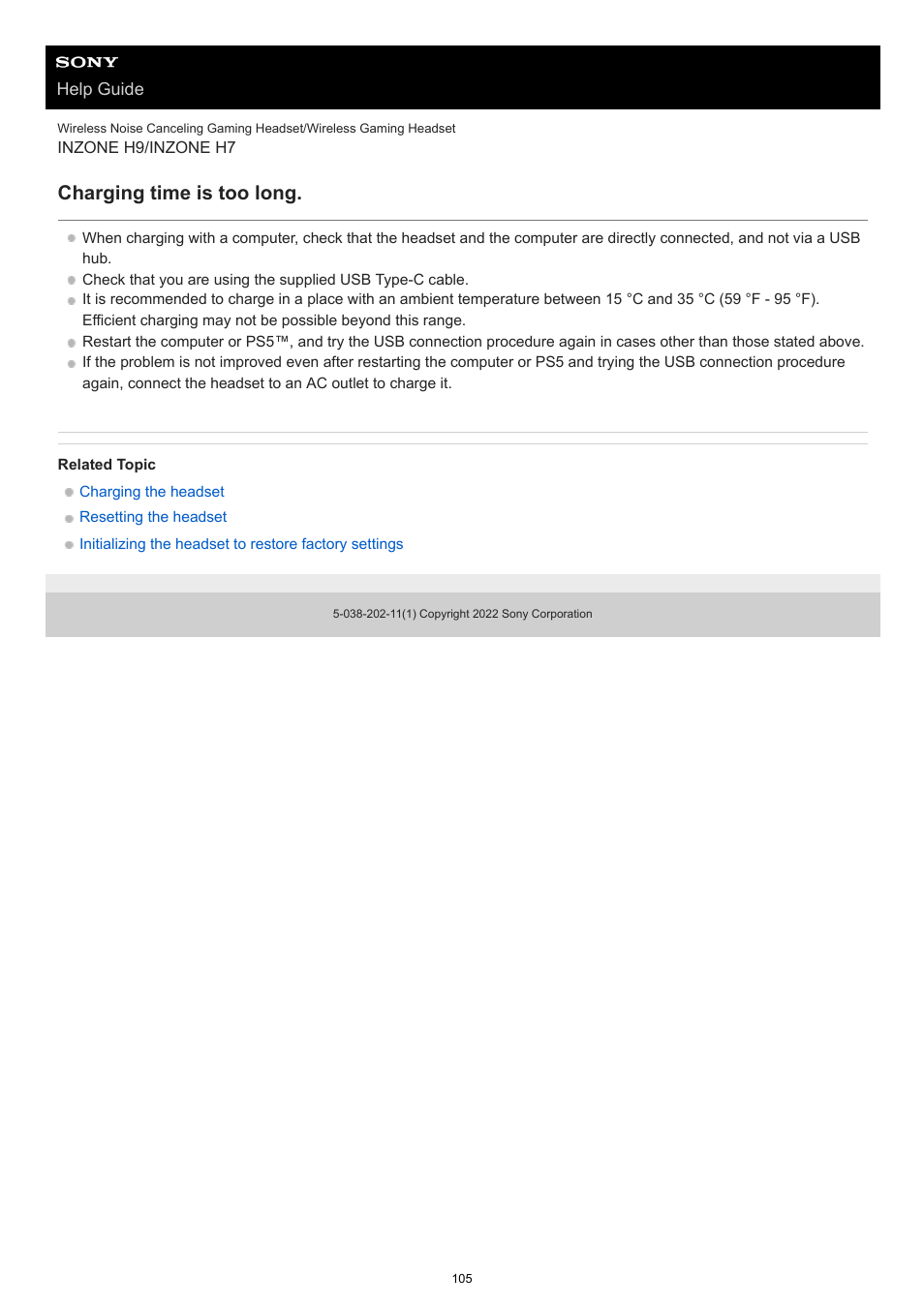 Charging time is too long | Sony MDR-MV1 Open-Back Reference Monitor Headphones User Manual | Page 105 / 123