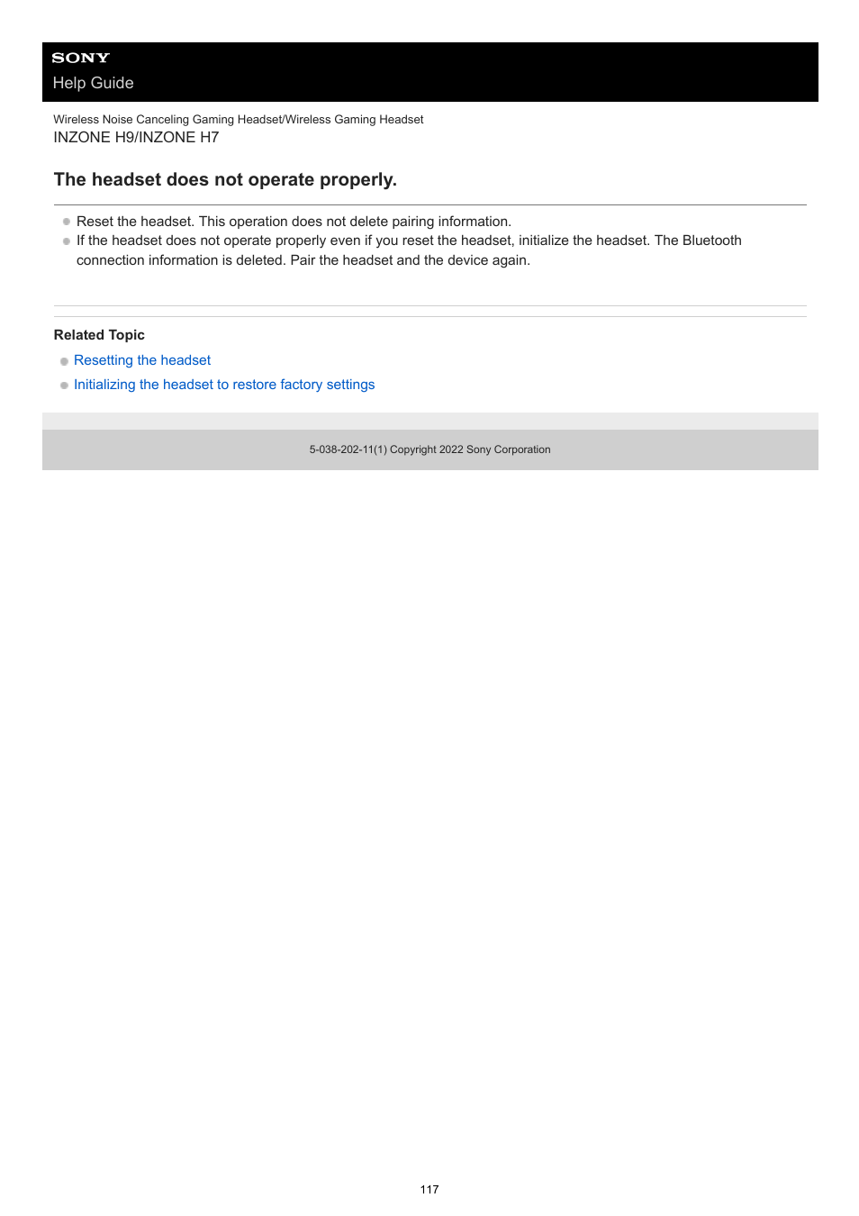 The headset does not operate properly | Sony MDR-MV1 Open-Back Reference Monitor Headphones User Manual | Page 117 / 123