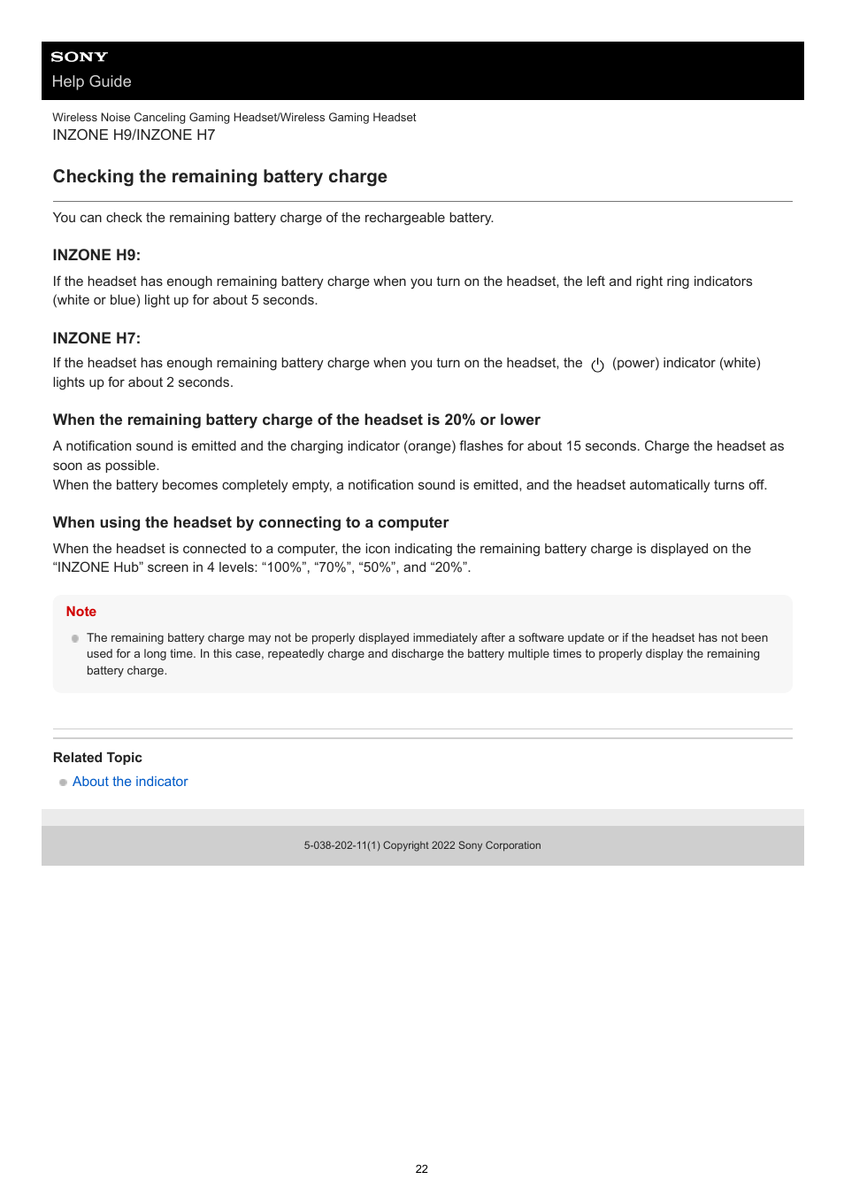 Checking the remaining battery charge | Sony MDR-MV1 Open-Back Reference Monitor Headphones User Manual | Page 22 / 123