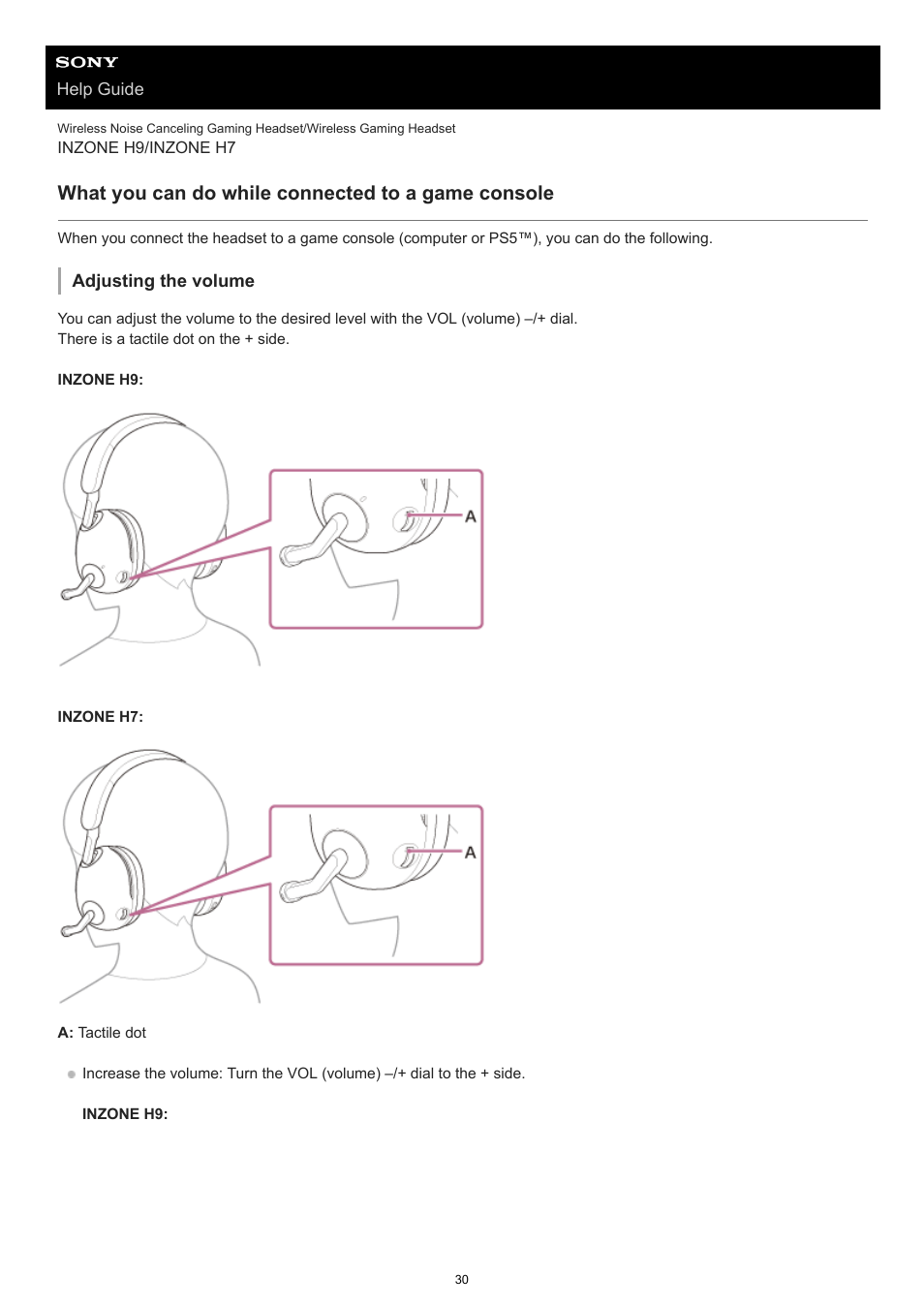 Operating the headset, What you can do while connected to a game console | Sony MDR-MV1 Open-Back Reference Monitor Headphones User Manual | Page 30 / 123