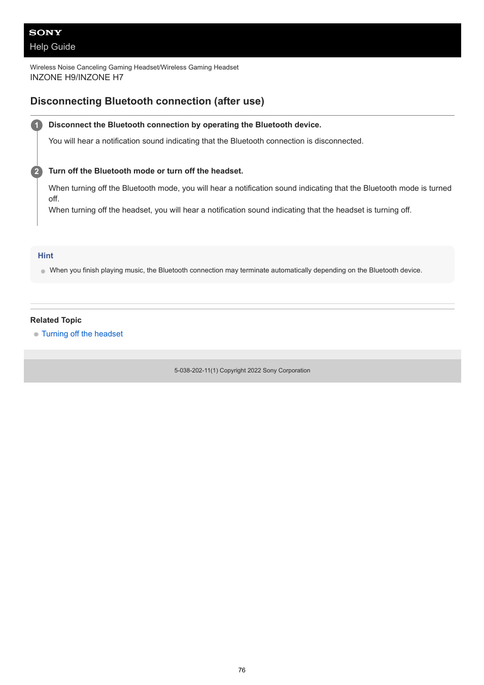 Disconnecting bluetooth connection (after use) | Sony MDR-MV1 Open-Back Reference Monitor Headphones User Manual | Page 76 / 123