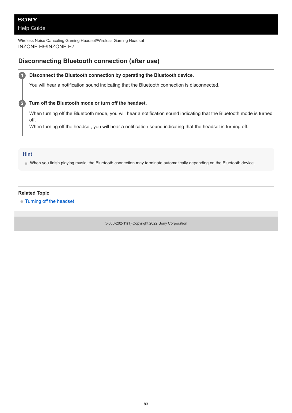 Disconnecting bluetooth connection (after use) | Sony MDR-MV1 Open-Back Reference Monitor Headphones User Manual | Page 83 / 123