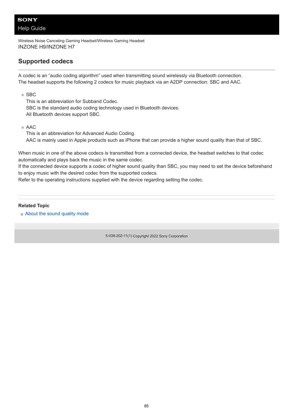 Supported codecs | Sony MDR-MV1 Open-Back Reference Monitor Headphones User Manual | Page 85 / 123