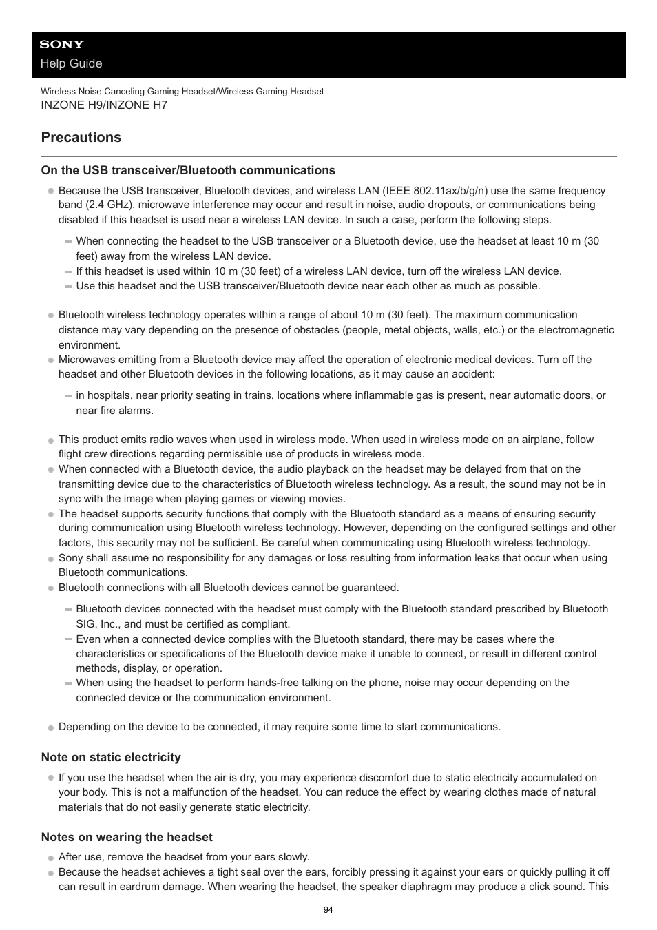 Precautions | Sony MDR-MV1 Open-Back Reference Monitor Headphones User Manual | Page 94 / 123