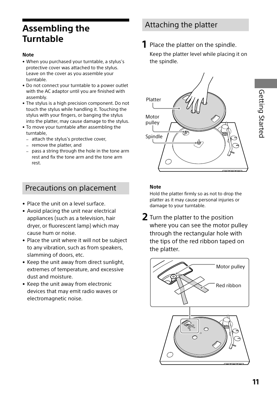 Assembling the turntable, Precautions on placement, Attaching the platter | Ge tting s tar te d | Sony Compact 4K60 Box-Style Remote Camera with 25x Optical Zoom (Black) User Manual | Page 11 / 28