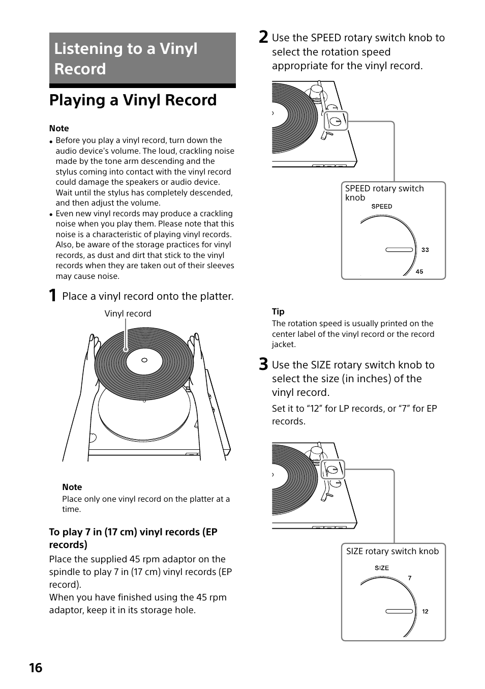 Listening to a vinyl record, Playing a vinyl record, Listening to a vinyl record playing a vinyl record | Sony Compact 4K60 Box-Style Remote Camera with 25x Optical Zoom (Black) User Manual | Page 16 / 28