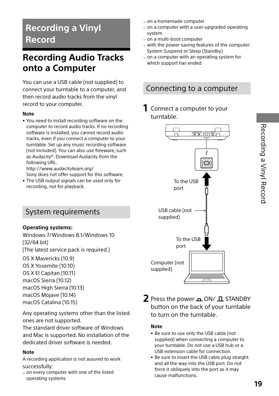 Recording a vinyl record, Recording audio tracks onto a computer, Recording audio | Tracks onto a computer, System requirements, Connecting to a computer, Re cor ding a vin yl re cor d | Sony Compact 4K60 Box-Style Remote Camera with 25x Optical Zoom (Black) User Manual | Page 19 / 28