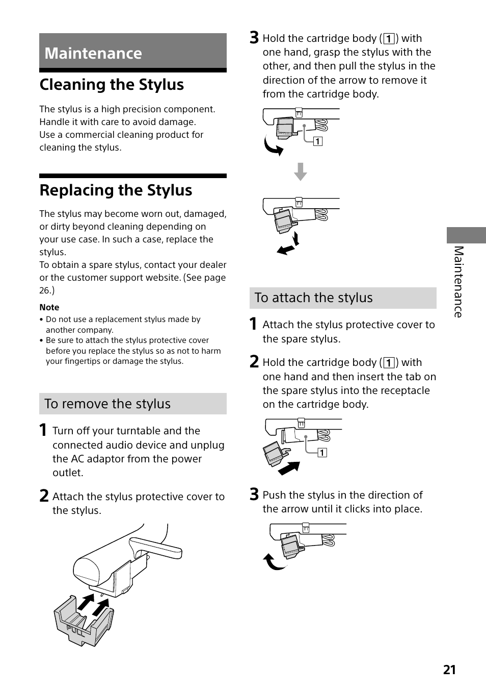 Maintenance, Cleaning the stylus, Replacing the stylus | Cleaning the stylus replacing the stylus, Maintenance cleaning the stylus | Sony Compact 4K60 Box-Style Remote Camera with 25x Optical Zoom (Black) User Manual | Page 21 / 28