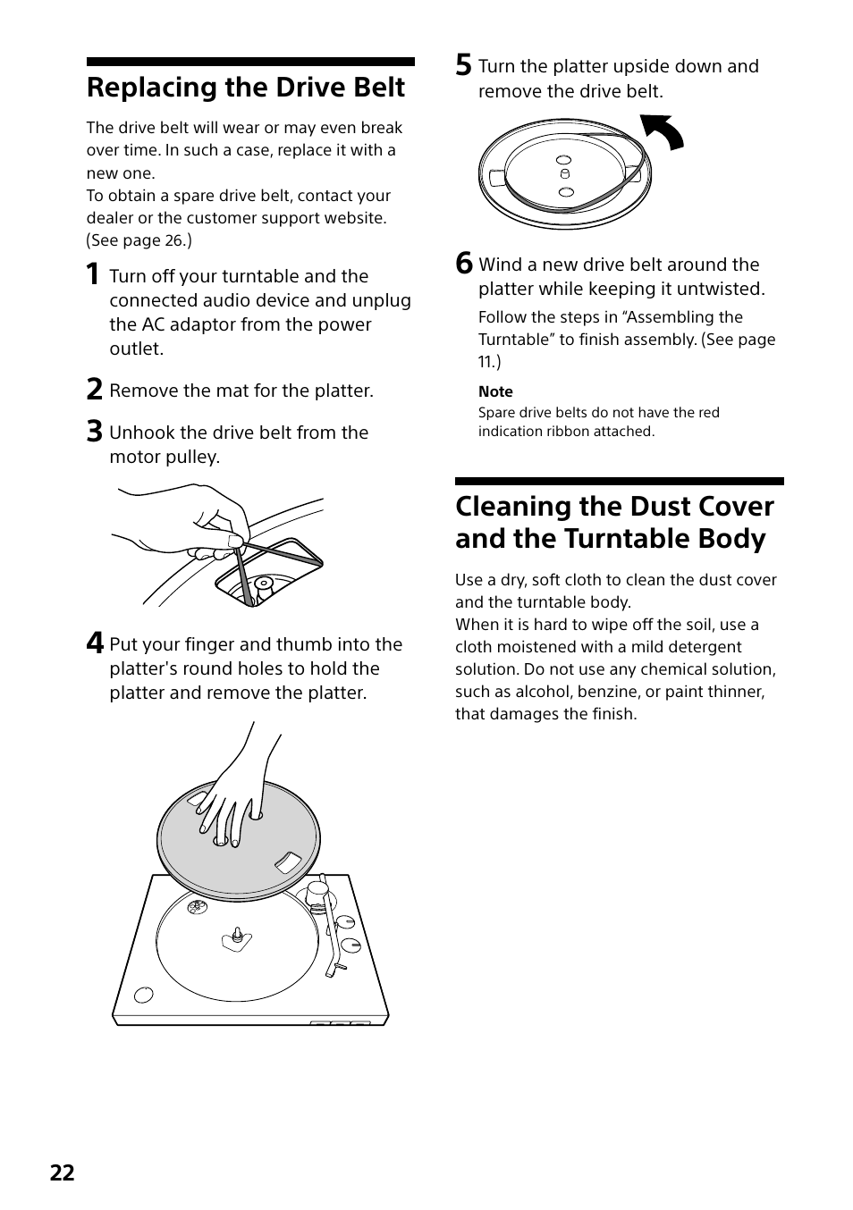 Replacing the drive belt, Cleaning the dust cover and the turntable body | Sony Compact 4K60 Box-Style Remote Camera with 25x Optical Zoom (Black) User Manual | Page 22 / 28
