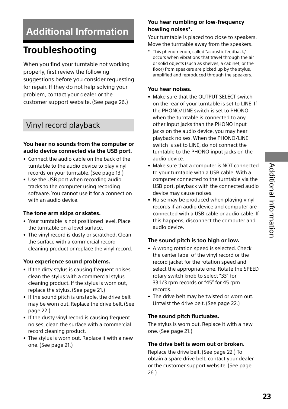 Additional information, Troubleshooting, Additional information troubleshooting | Vinyl record playback, Additional inf orma tion | Sony Compact 4K60 Box-Style Remote Camera with 25x Optical Zoom (Black) User Manual | Page 23 / 28