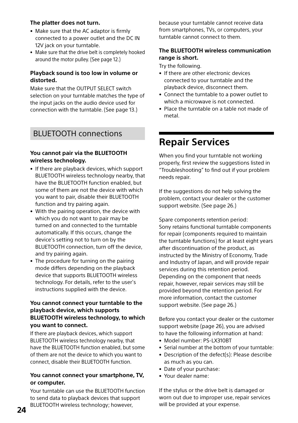 Repair services, Bluetooth connections | Sony Compact 4K60 Box-Style Remote Camera with 25x Optical Zoom (Black) User Manual | Page 24 / 28