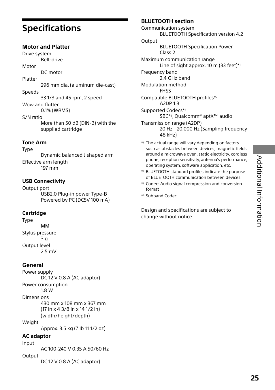 Specifications, Additional inf orma tion | Sony Compact 4K60 Box-Style Remote Camera with 25x Optical Zoom (Black) User Manual | Page 25 / 28