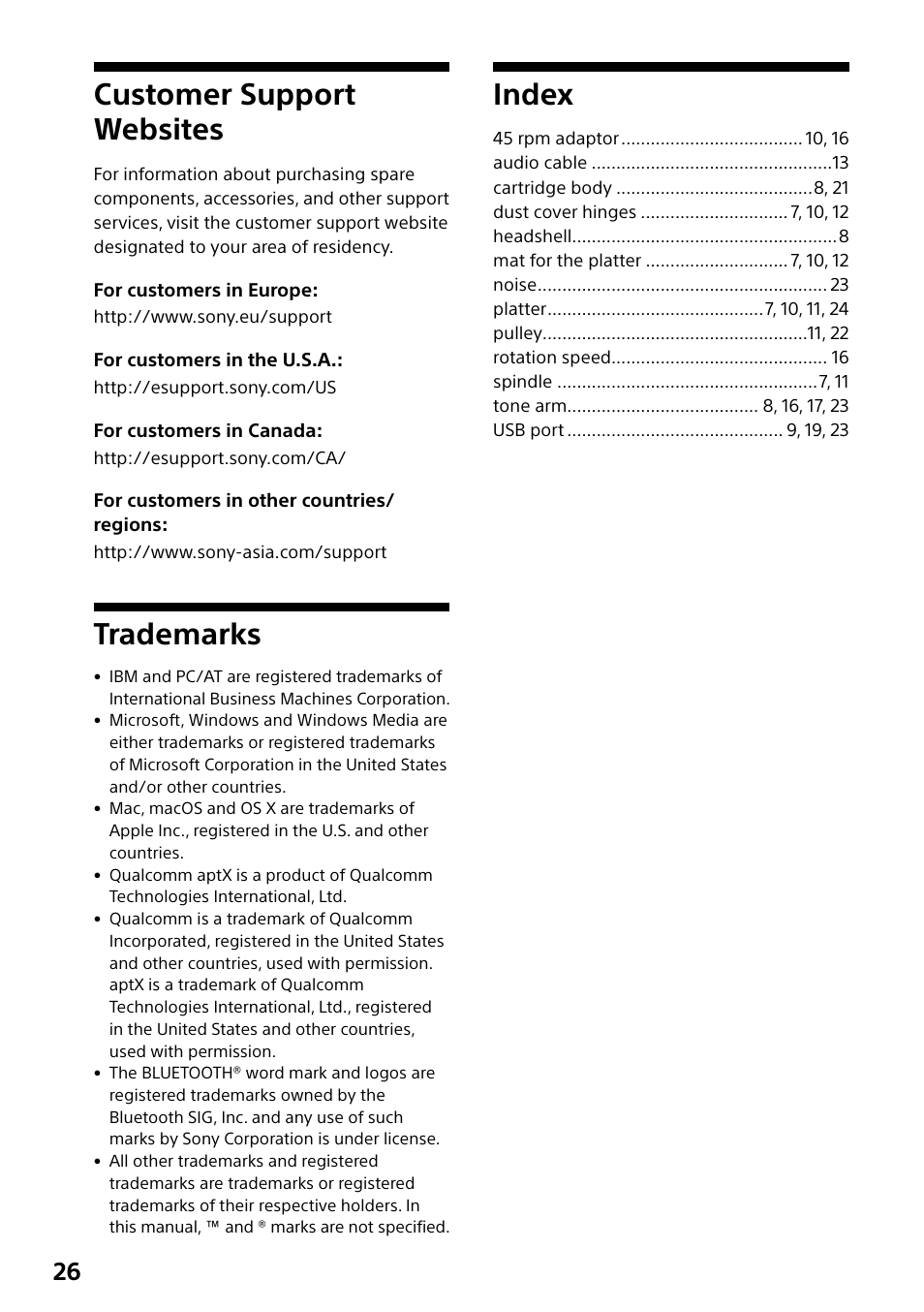 Customer support websites, Trademarks, Index | Customer support websites trademarks index | Sony Compact 4K60 Box-Style Remote Camera with 25x Optical Zoom (Black) User Manual | Page 26 / 28