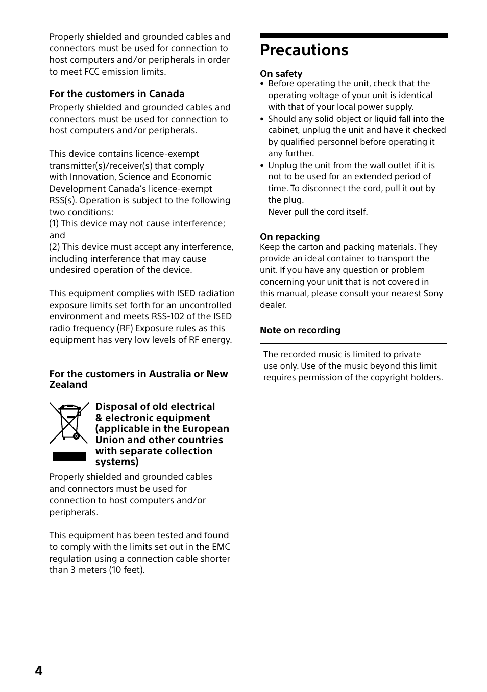 Precautions | Sony Compact 4K60 Box-Style Remote Camera with 25x Optical Zoom (Black) User Manual | Page 4 / 28