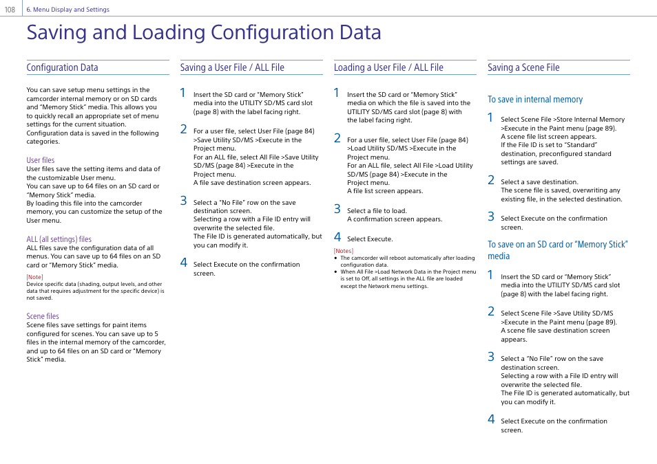 Saving and loading configuration data | Sony Ultra Wide Converter For SEL16F28 and SEL20F28 User Manual | Page 108 / 140