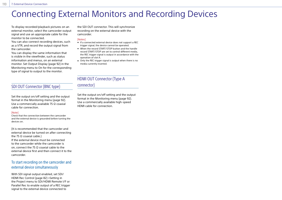 External device connection, Connecting external monitors and recording devices, Connecting external monitors and recording | Devices, Sdi out connector (bnc type), Hdmi out connector (type a connector) | Sony Ultra Wide Converter For SEL16F28 and SEL20F28 User Manual | Page 110 / 140