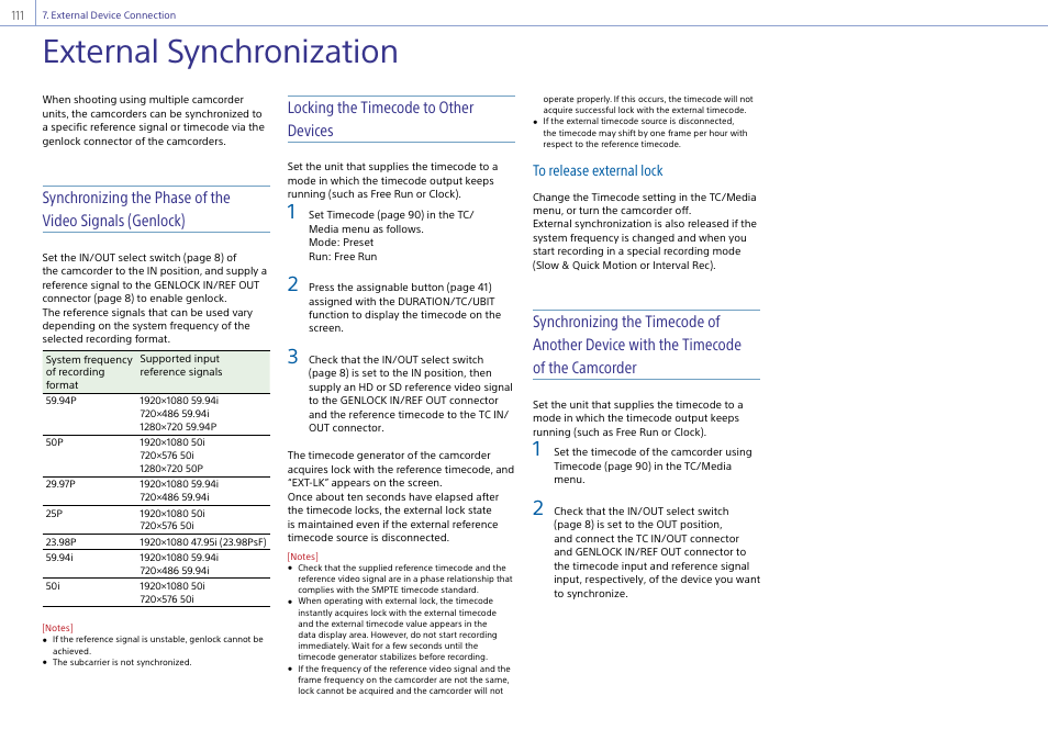 External synchronization, Locking the timecode to other devices | Sony Ultra Wide Converter For SEL16F28 and SEL20F28 User Manual | Page 111 / 140