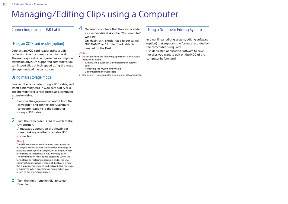 Managing/editing clips using a computer, Connecting using a usb cable, Using a nonlinear editing system | Sony Ultra Wide Converter For SEL16F28 and SEL20F28 User Manual | Page 112 / 140