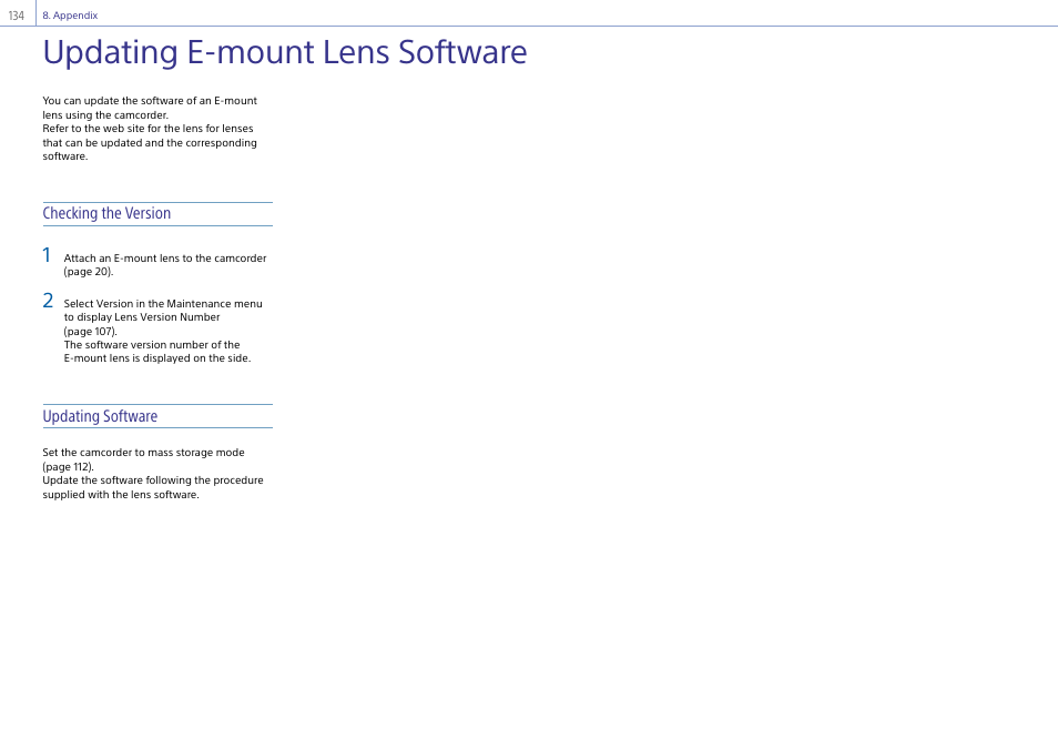 Updating e-mount lens software | Sony Ultra Wide Converter For SEL16F28 and SEL20F28 User Manual | Page 134 / 140