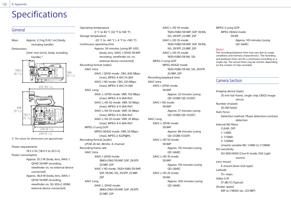 Specifications, General | Sony Ultra Wide Converter For SEL16F28 and SEL20F28 User Manual | Page 138 / 140