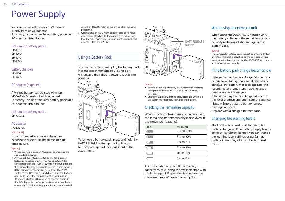 Preparation, Power supply, Using a battery pack | Checking the remaining capacity, When using an extension unit, If the battery pack charge becomes low, Changing the warning levels | Sony Ultra Wide Converter For SEL16F28 and SEL20F28 User Manual | Page 16 / 140