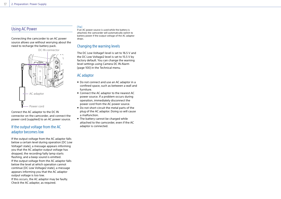 Using ac power, Changing the warning levels, Ac adaptor | Sony Ultra Wide Converter For SEL16F28 and SEL20F28 User Manual | Page 17 / 140