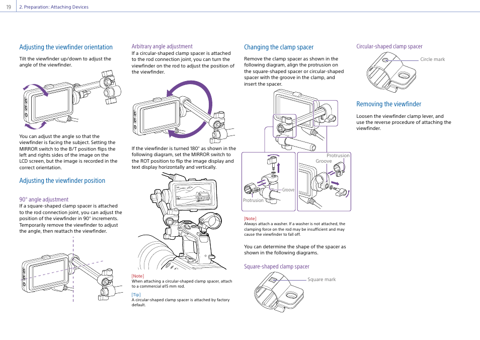 Adjusting the viewfinder orientation, Adjusting the viewfinder position, Changing the clamp spacer | Removing the viewfinder | Sony Ultra Wide Converter For SEL16F28 and SEL20F28 User Manual | Page 19 / 140