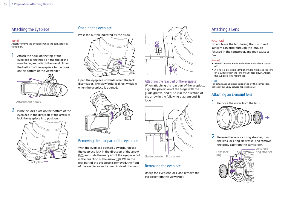 Attaching the eyepiece, Attaching a lens, Opening the eyepiece | Removing the rear part of the eyepiece, Removing the eyepiece, Attaching an e-mount lens | Sony Ultra Wide Converter For SEL16F28 and SEL20F28 User Manual | Page 20 / 140