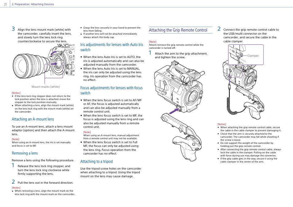 Attaching the grip remote control, Attaching an a-mount lens, Removing a lens | Iris adjustments for lenses with auto iris switch, Focus adjustments for lenses with focus switch, Attaching to a tripod | Sony Ultra Wide Converter For SEL16F28 and SEL20F28 User Manual | Page 21 / 140