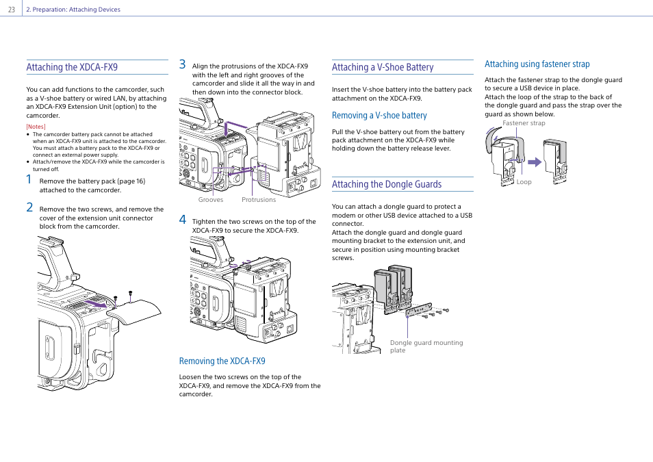 Attaching the xdca-fx9, Attaching a v-shoe battery, Attaching the dongle guards | Sony Ultra Wide Converter For SEL16F28 and SEL20F28 User Manual | Page 23 / 140