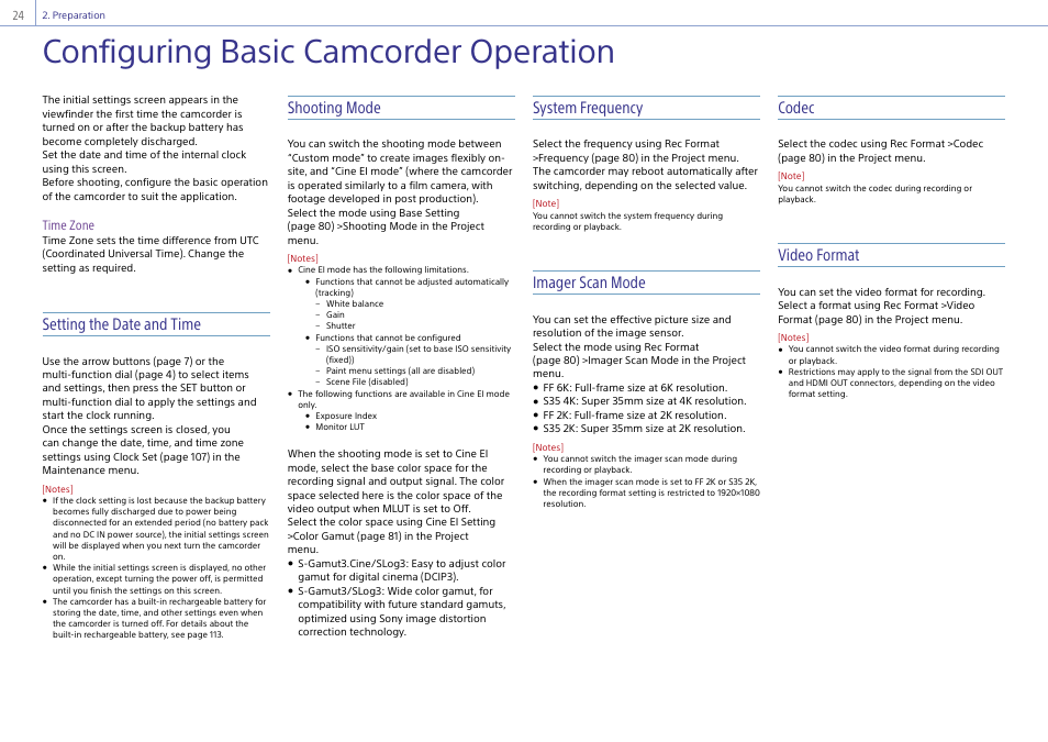 Configuring basic camcorder operation, Setting the date and time, Shooting mode | System frequency, Imager scan mode, Codec, Video format, Time zone | Sony Ultra Wide Converter For SEL16F28 and SEL20F28 User Manual | Page 24 / 140