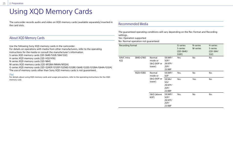 Using xqd memory cards, Recommended media | Sony Ultra Wide Converter For SEL16F28 and SEL20F28 User Manual | Page 25 / 140
