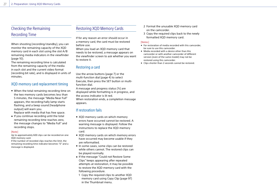 Checking the remaining recording time, Restoring a card, If restoration fails | Sony Ultra Wide Converter For SEL16F28 and SEL20F28 User Manual | Page 27 / 140