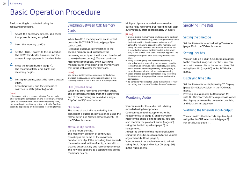 Shooting, Basic operation procedure, Monitoring audio | Specifying time data | Sony Ultra Wide Converter For SEL16F28 and SEL20F28 User Manual | Page 29 / 140