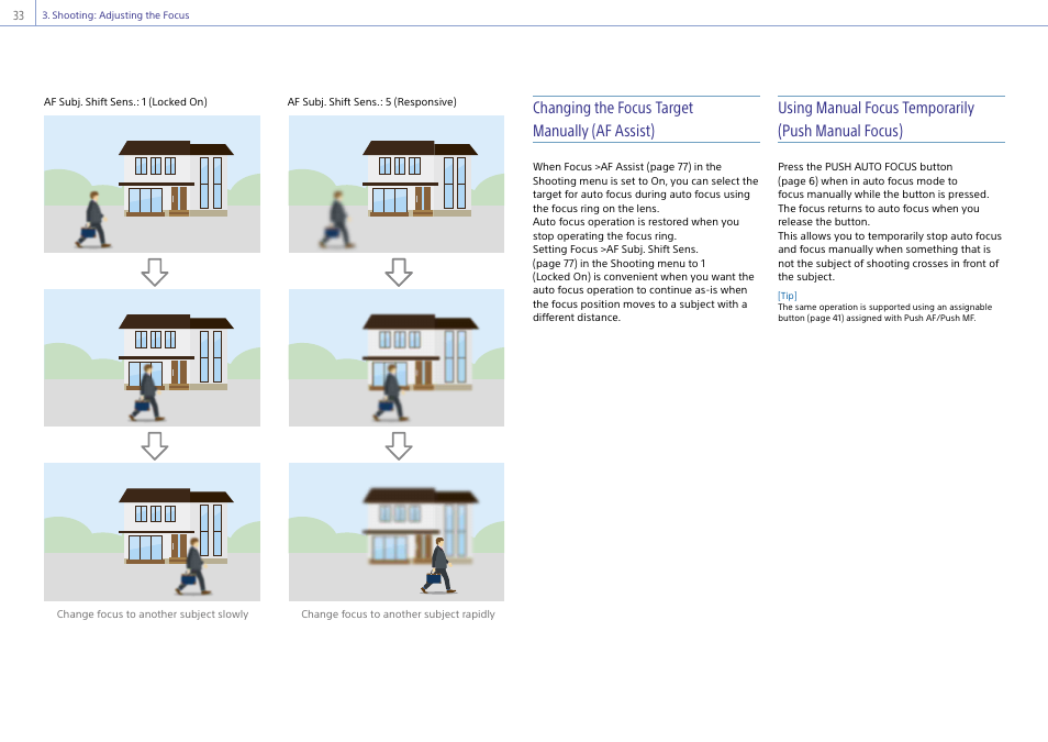 Changing the focus target manually (af assist), Using manual focus temporarily (push manual focus) | Sony Ultra Wide Converter For SEL16F28 and SEL20F28 User Manual | Page 33 / 140