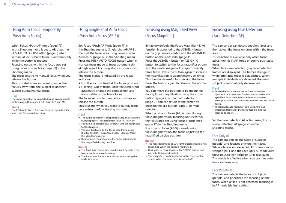 Using auto focus temporarily (push auto focus), Focusing using magnified view (focus magnifier), Focusing using face detection (face detection af) | Face only af, Face priority af | Sony Ultra Wide Converter For SEL16F28 and SEL20F28 User Manual | Page 34 / 140