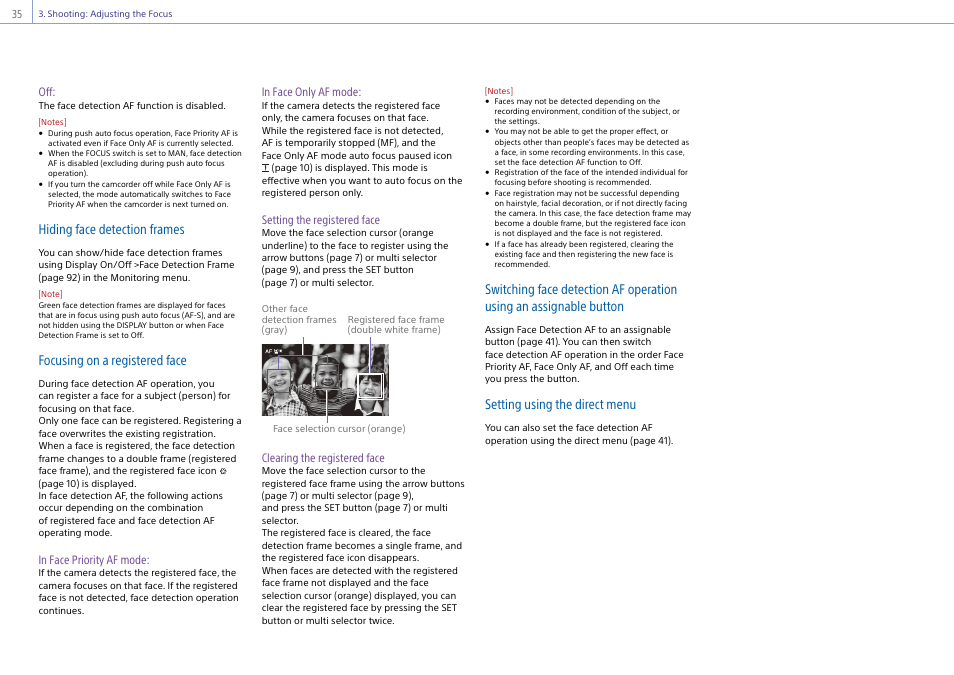 Hiding face detection frames, Focusing on a registered face, Setting using the direct menu | Sony Ultra Wide Converter For SEL16F28 and SEL20F28 User Manual | Page 35 / 140