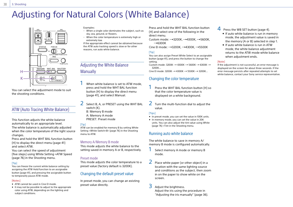 Adjusting for natural colors (white balance), Adjusting for natural colors, White balance) | Atw (auto tracing white balance), Adjusting the white balance manually, Changing the default preset value, Changing the color temperature, Running auto white balance, Preset mode | Sony Ultra Wide Converter For SEL16F28 and SEL20F28 User Manual | Page 38 / 140