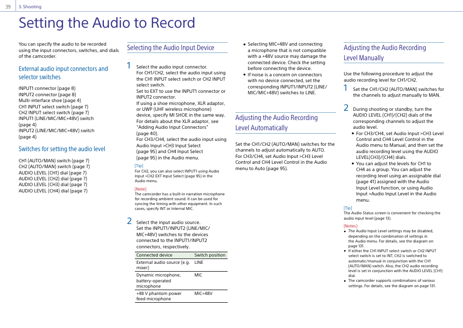 Setting the audio to record, Selecting the audio input device, Adjusting the audio recording level automatically | Adjusting the audio recording level manually, Switches for setting the audio level | Sony Ultra Wide Converter For SEL16F28 and SEL20F28 User Manual | Page 39 / 140