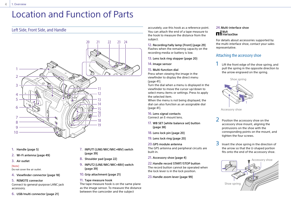 Location and function of parts, Left side, front side, and handle | Sony Ultra Wide Converter For SEL16F28 and SEL20F28 User Manual | Page 4 / 140