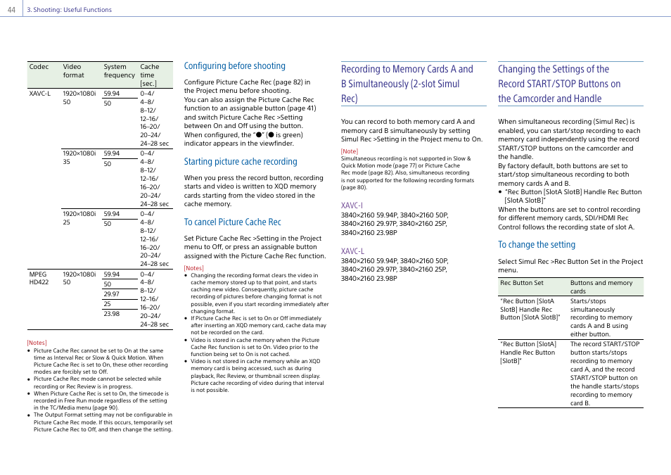 Configuring before shooting, Starting picture cache recording, Xavc-i | Xavc-l | Sony Ultra Wide Converter For SEL16F28 and SEL20F28 User Manual | Page 44 / 140