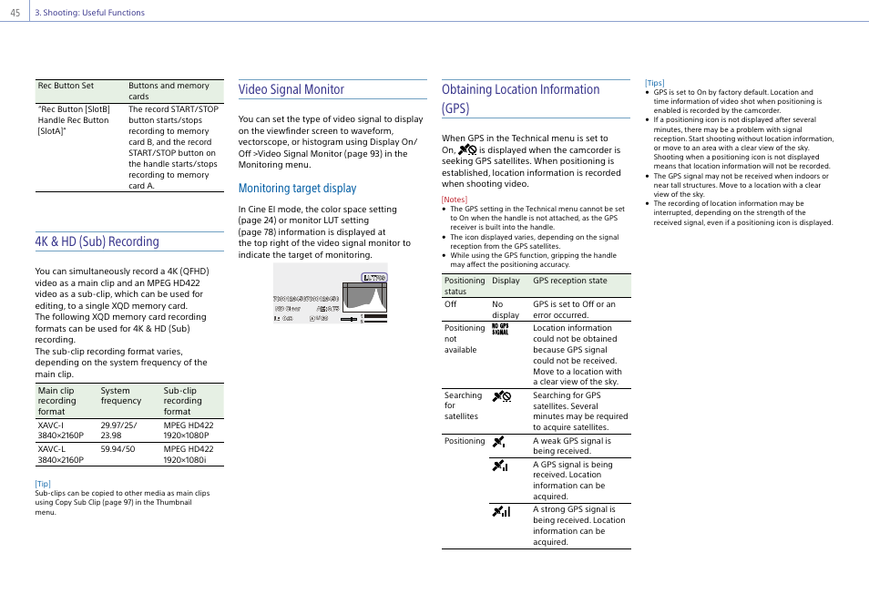 4k & hd (sub) recording, Video signal monitor, Obtaining location information (gps) | Monitoring target display | Sony Ultra Wide Converter For SEL16F28 and SEL20F28 User Manual | Page 45 / 140